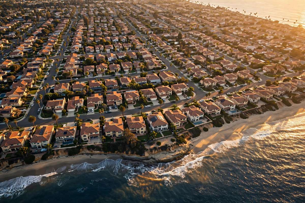 Aerial view of a South Bay coastal neighborhood at sunset